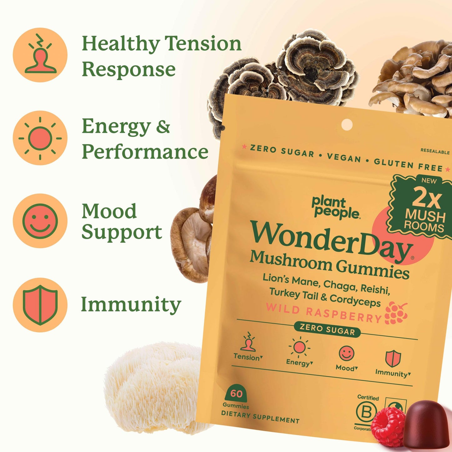 WonderDay Extra Strength Mushroom Gummies | Plant People – Sugar-Free, 60 Count