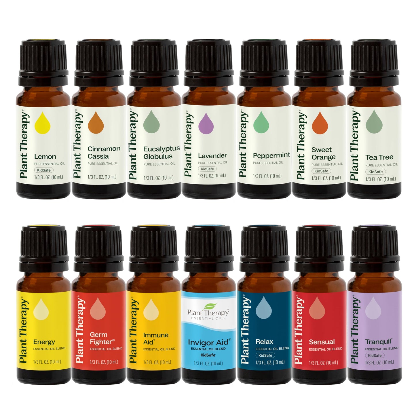 Plant Therapy 7 & 7 Essential Oils Set – 7 Singles + 7 Synergy Blends, 10 mL