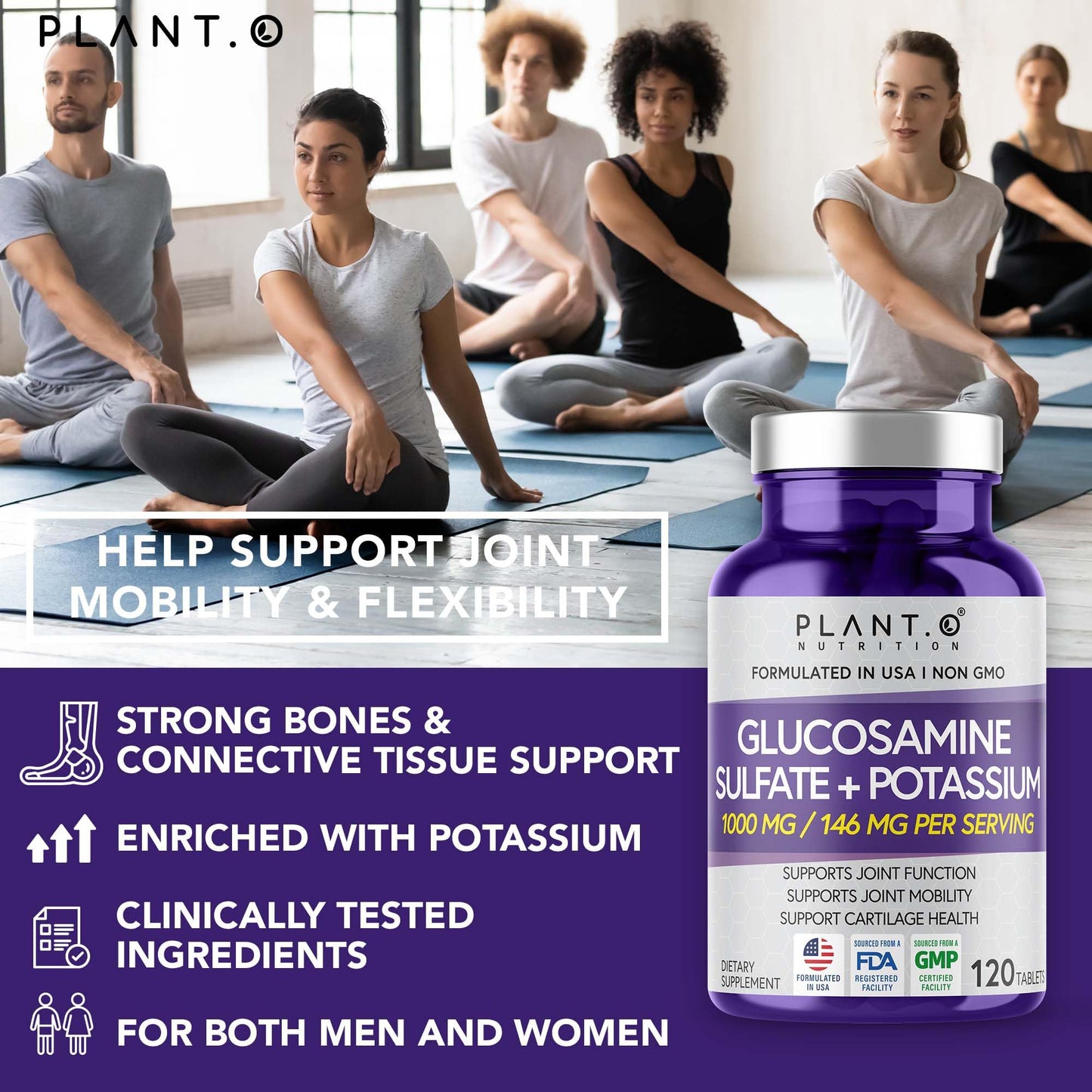 PLANT.O NUTRITION Glucosamine Sulfate with Potassium – Joint Support Supplement (120 Tablets)