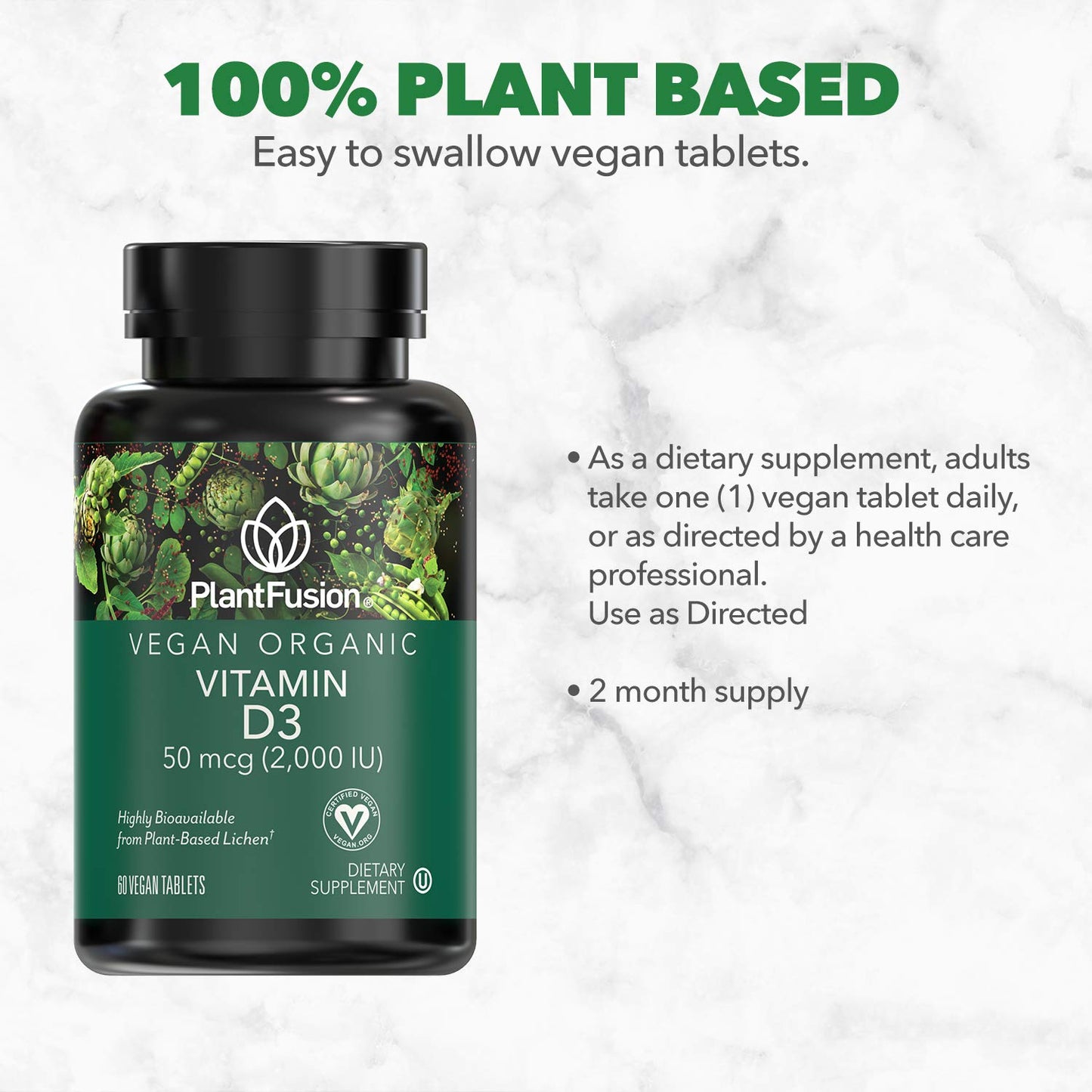 PlantFusion Vegan Vitamin D3 2000IU | Organic D3 from Vitashine Lichen | 60 Tablets