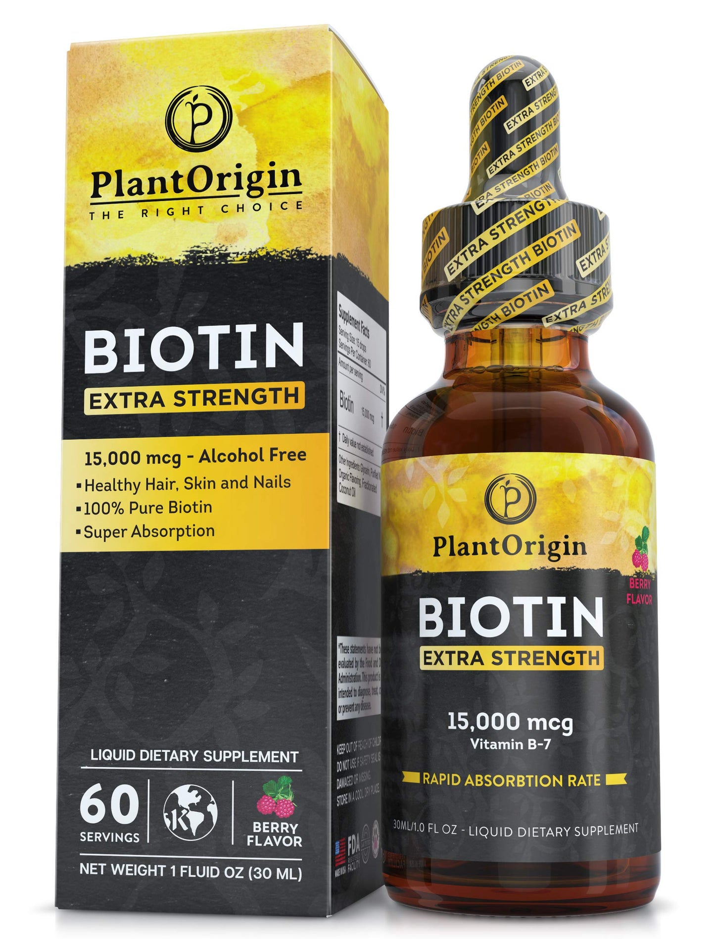PlantOrigin Extra Strength Biotin Liquid - Hair Growth Drops 15,000 MCG | Vegan & Kosher, 60 Servings