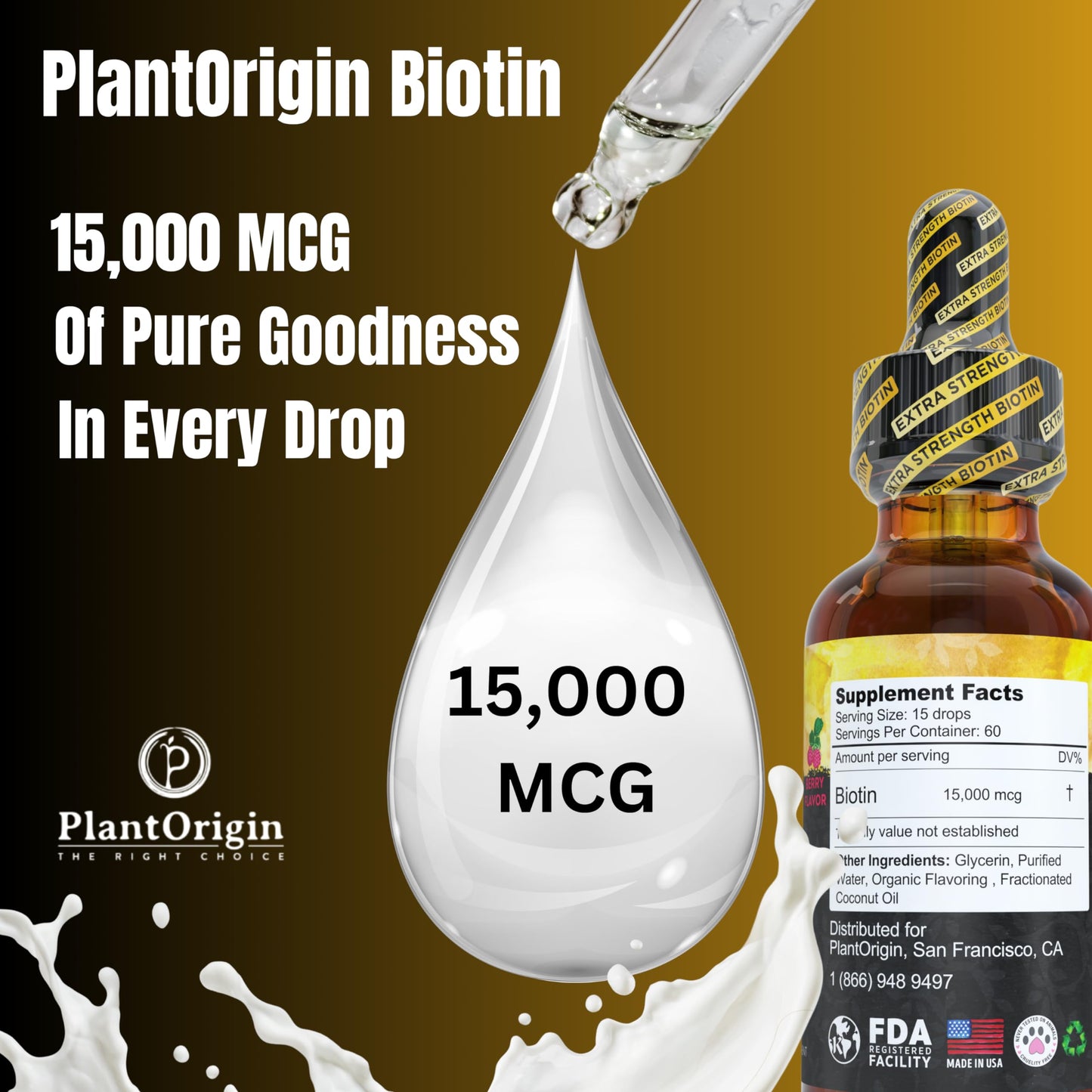 PlantOrigin Extra Strength Biotin Liquid - Hair Growth Drops 15,000 MCG | Vegan & Kosher, 60 Servings