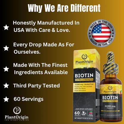 PlantOrigin Extra Strength Biotin Liquid - Hair Growth Drops 15,000 MCG | Vegan & Kosher, 60 Servings