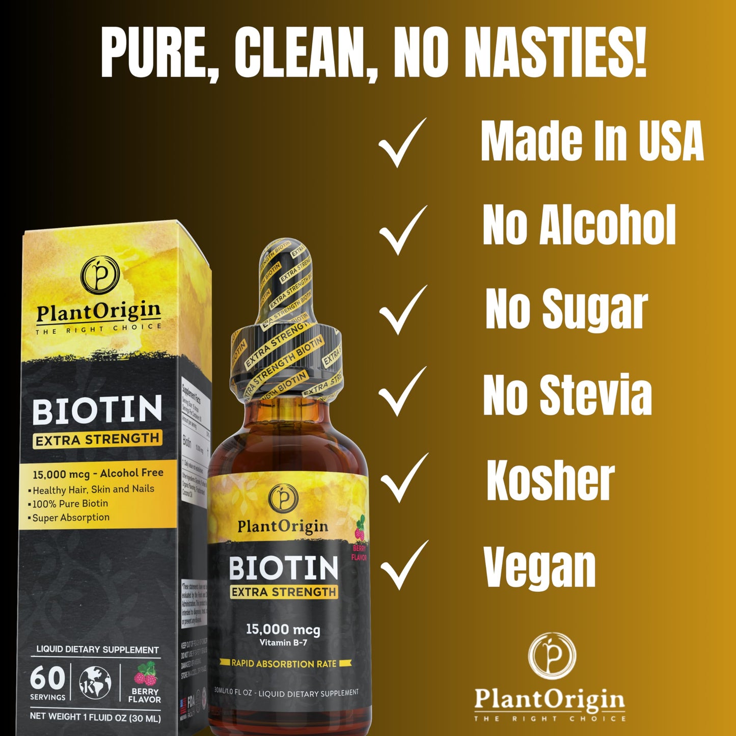 PlantOrigin Extra Strength Biotin Liquid - Hair Growth Drops 15,000 MCG | Vegan & Kosher, 60 Servings