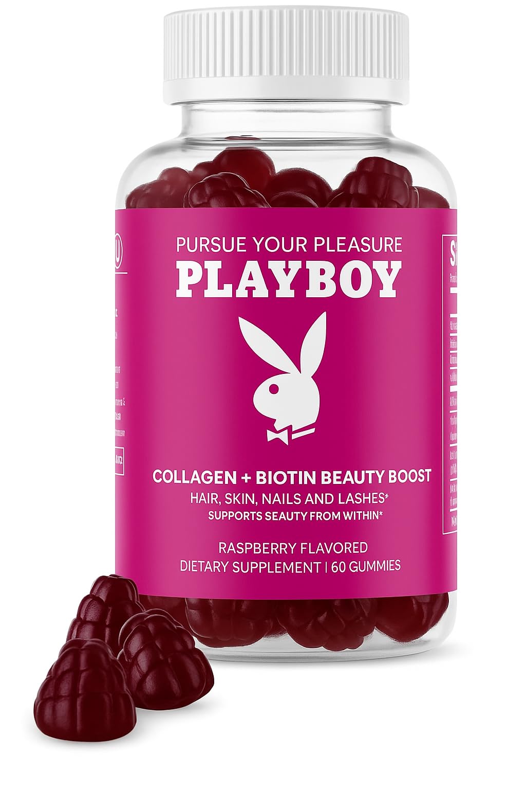 Playboy Beauty Boost Gummies – Collagen + Biotin for Hair, Skin & Nails (60 Gummies) Raspberry