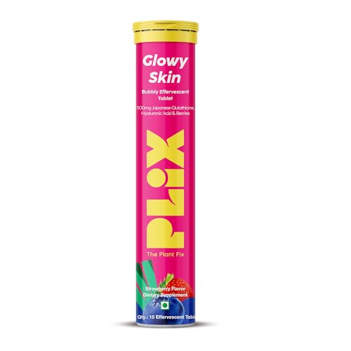 PLIX Glowy Skin 500mg Glutathione Supplement with Hyaluronic Acid, Vitamin C, E & Berries | 90 Effervescent Tablets, Strawberry Flavor