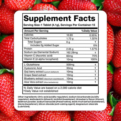 PLIX Glowy Skin 500mg Glutathione Supplement with Hyaluronic Acid, Vitamin C, E & Berries | 90 Effervescent Tablets, Strawberry Flavor
