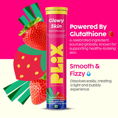 PLIX Glowy Skin 500mg Glutathione Supplement with Hyaluronic Acid, Vitamin C, E & Berries | 90 Effervescent Tablets, Strawberry Flavor