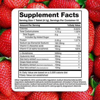 PLIX Glowy Skin 500mg Glutathione | Hyaluronic Acid, Vitamin C & Berries | 60 Effervescent Tablets – Strawberry