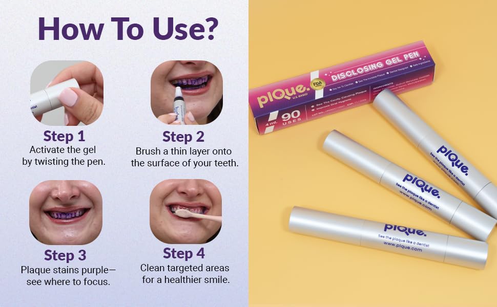 PLQUE Disclosing Gel Pen – Plaque Detector for Brushing (90 Uses)