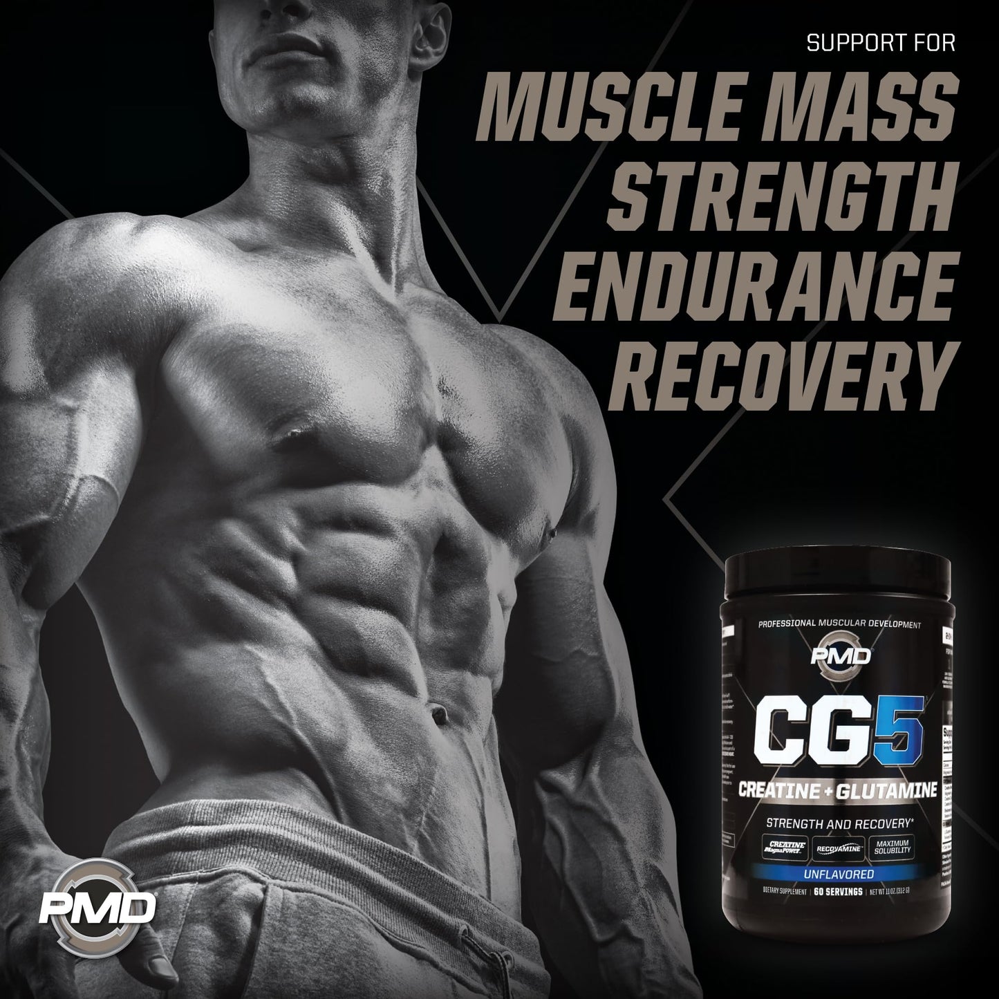 PMD CG5 Premium Creatine & L-Glutamine Powder – Pre & Post Workout Support, Unflavored, 60 Servings