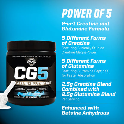 PMD Sports CG5 - Premium Creatine & L-Glutamine Powder for Maximum Strength, Recovery & Lean Muscle - Pre & Post Workout - Blue Raspberry (30 Serv)