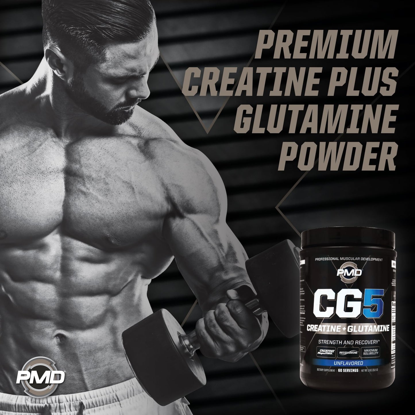 PMD CG5 Premium Creatine & L-Glutamine Powder – Pre & Post Workout Support, Unflavored, 60 Servings