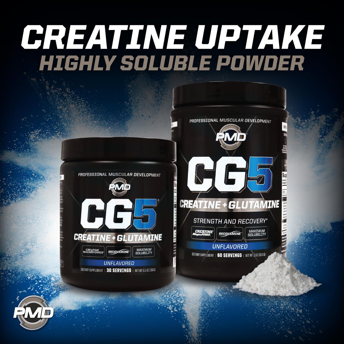 PMD CG5 Premium Creatine & L-Glutamine Powder – Pre & Post Workout Support, Unflavored, 60 Servings