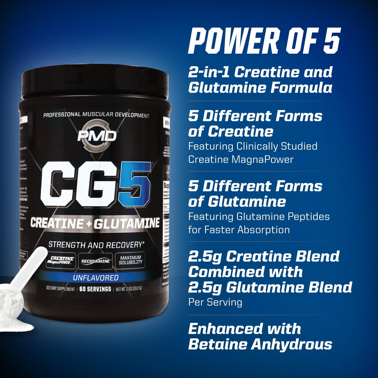 PMD CG5 Premium Creatine & L-Glutamine Powder – Pre & Post Workout Support, Unflavored, 60 Servings
