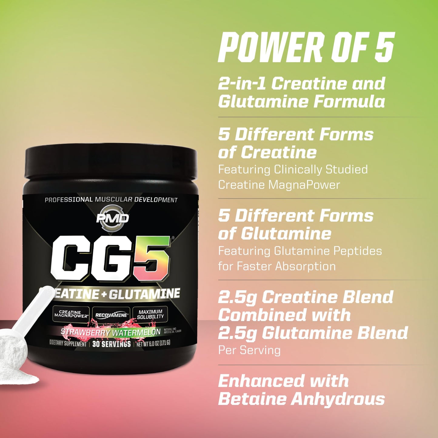 PMD Sports CG5 Premium Creatine & L-Glutamine Powder – Power, Recovery, Lean Muscle (Strawberry Watermelon, 30 Servings)