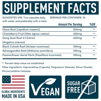 PMS Support Supplement for Women | Chasteberry, Maca & Ashwagandha | Mood & Hormone Balance | 60 Vegan Capsules
