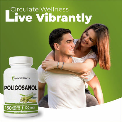 Immortal Herbs Policosanol 100mg Capsules – Sugar Cane-Derived, 150 Vegan Pills, Non-GMO & Gluten-Free