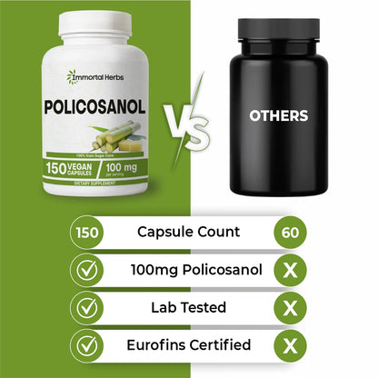 Immortal Herbs Policosanol 100mg Capsules – Sugar Cane-Derived, 150 Vegan Pills, Non-GMO & Gluten-Free