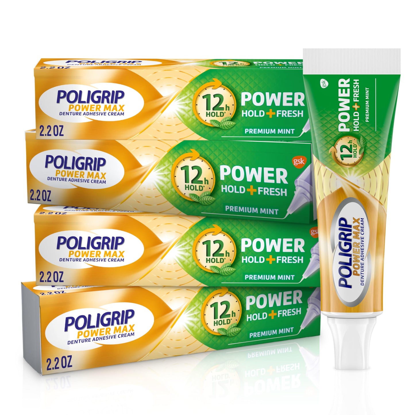Poligrip Power Max Power Hold + Fresh Denture Cream – Premium Peppermint, 2.2 oz x 4
