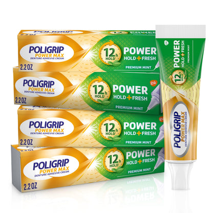 Poligrip Power Max Power Hold + Fresh Denture Cream – Premium Peppermint, 2.2 oz x 4