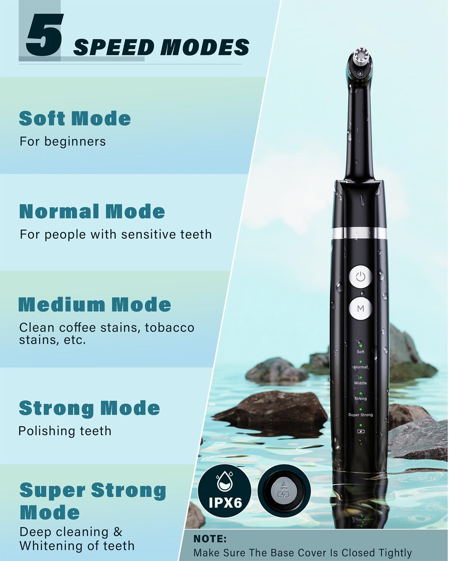 Tooth Polisher Rechargeable Whitening Kit - 3 Pastes, 5 Heads, LED Light (Black)