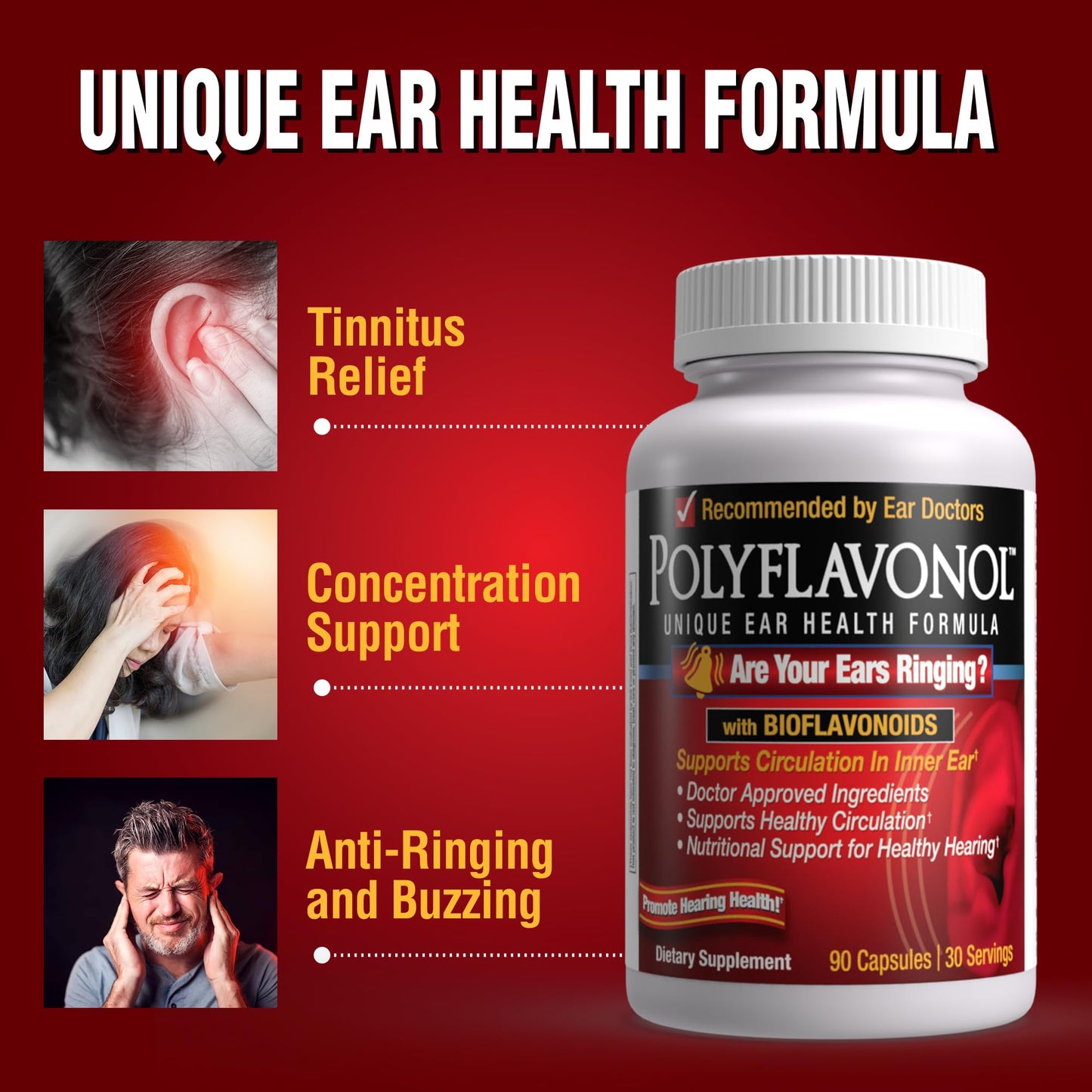 Polyflavonol Ear Health Formula – Tinnitus Relief & Hearing Support (90 Capsules)