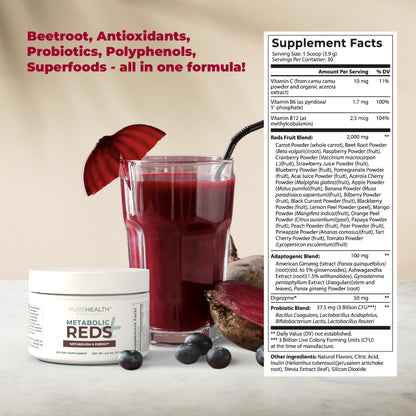 PureHealth Reds Superfoods Powder - 10 Calorie Beetroot & Probiotic Adaptogen Drink (30 Servings)