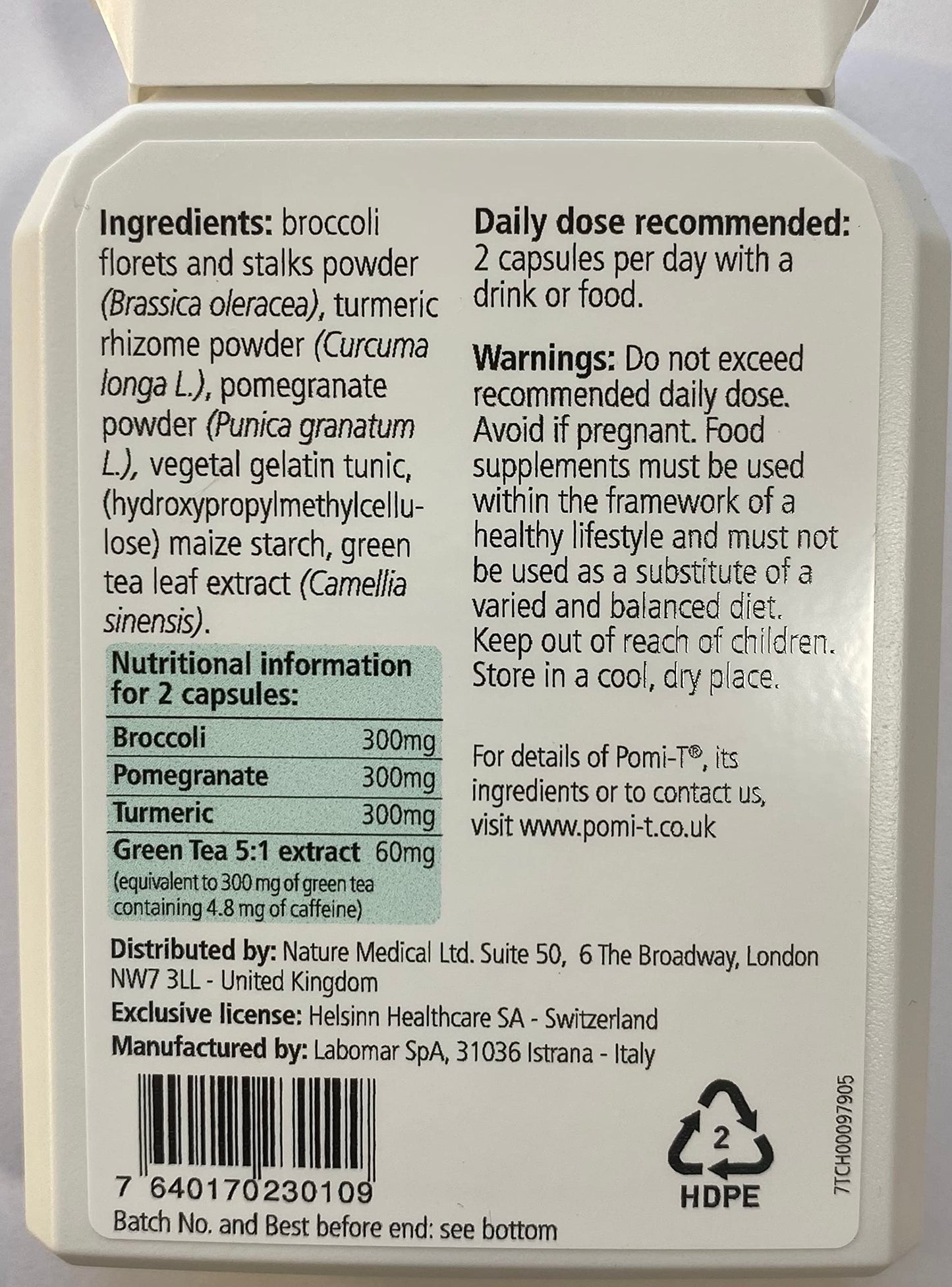 Pomi-T 60 Capsules 1.34 oz | Natural Broccoli, Turmeric, Pomegranate & Green Tea Formula