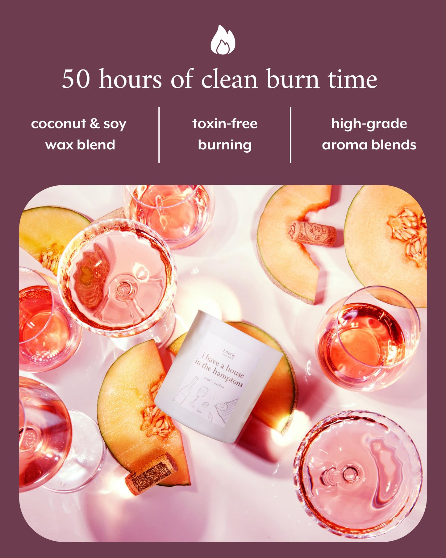 Literie NYC-Inspired Scented Candle: Hamptons Rosé & Melon, 9oz, 50h Burn