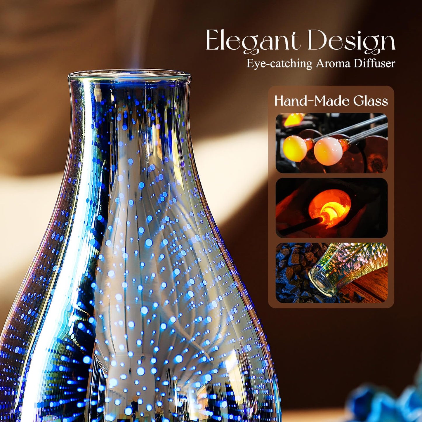 Porseme 100ml Essential Oil Diffuser – 3D Glass Ultrasonic Humidifier with Auto Shut-Off (BPA Free)