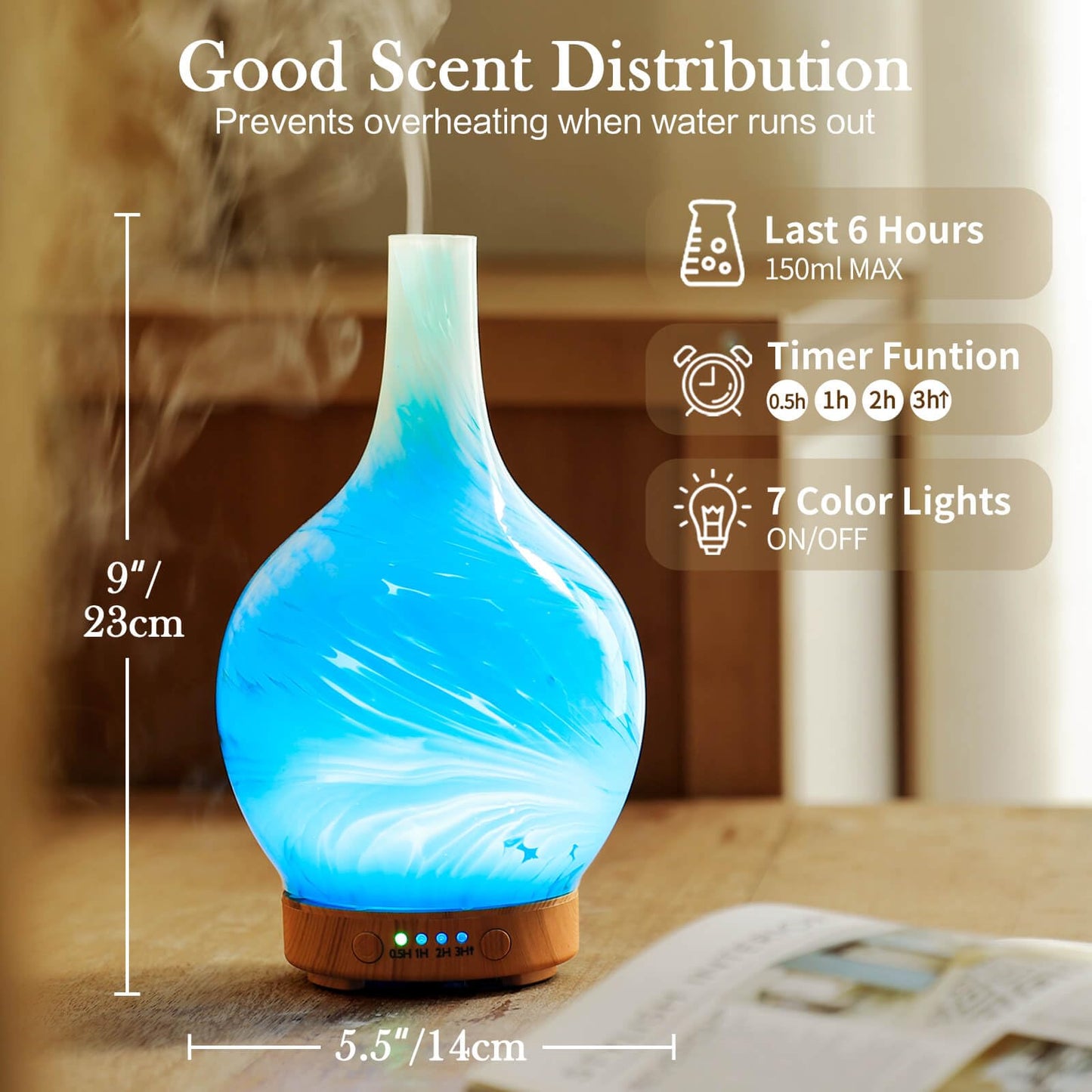 Porseme 150ml Glass Diffuser – Color Changing LED, Auto-Off