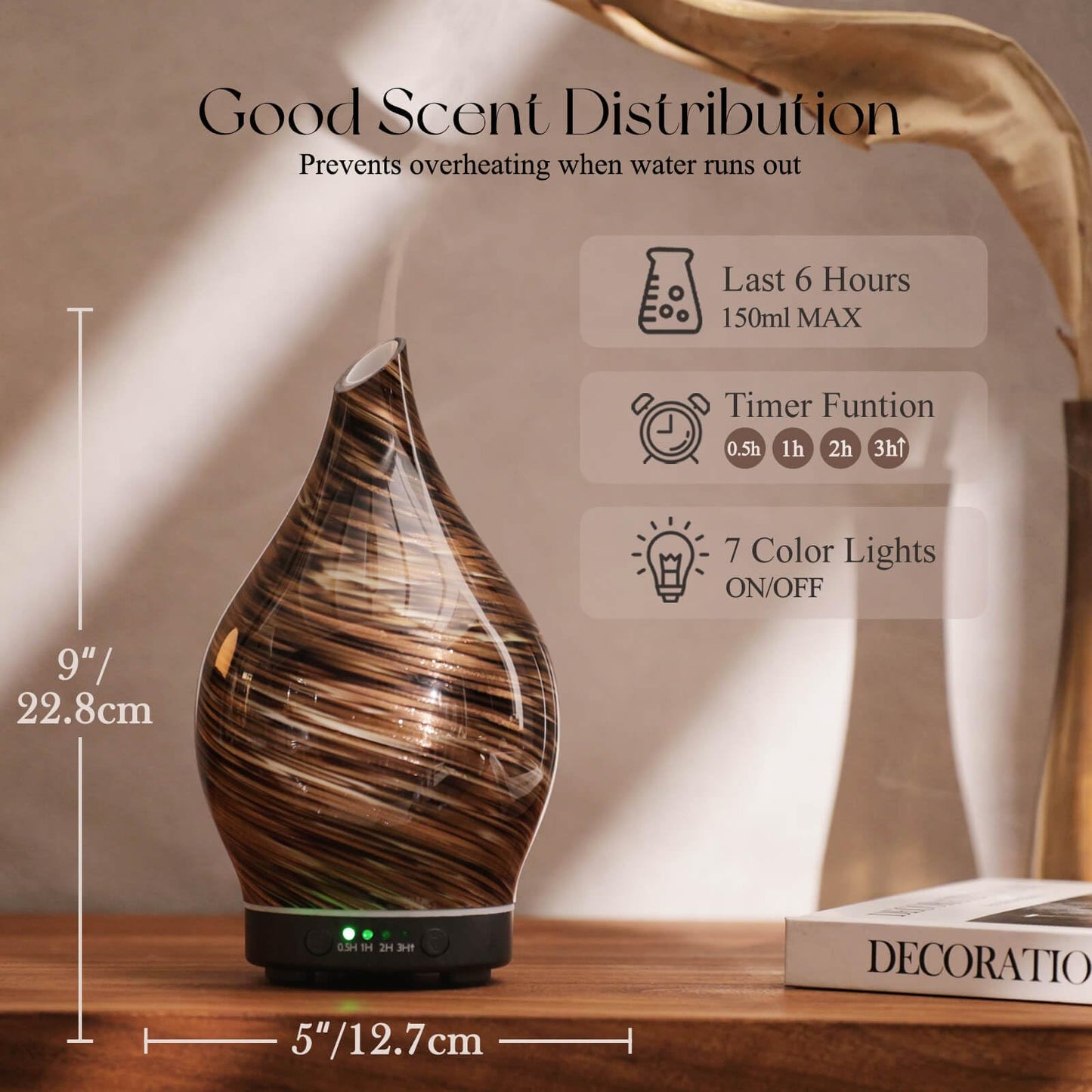 Porseme 150ml Glass Diffuser - Dark Golden | 6-Hour Ultrasonic Aromatherapy, Auto-Off