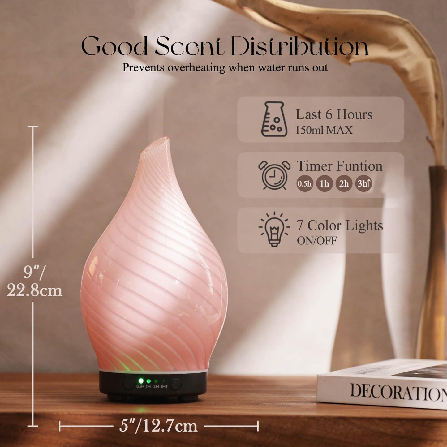 Porseme 150ml Glass Diffuser – Color Changing Ultrasonic Humidifier (Pure Pink)