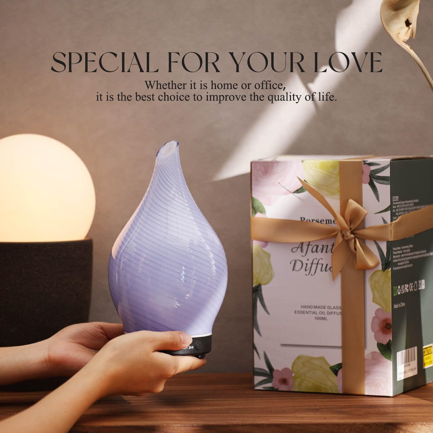 Porseme 150ml Glass Color-Changing Essential Oil Diffuser – Ultrasonic Humidifier, 6h Auto-Off (Pure Purple)