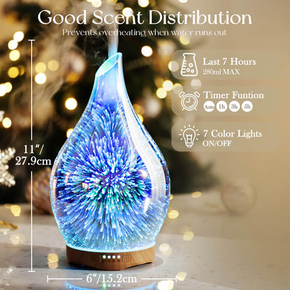 Porseme 280ml 3D Glass Essential Oil Diffuser – Ultrasonic Humidifier, Auto Shut-Off, BPA Free