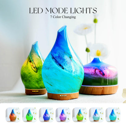 Porseme 280ml Glass Essential Oil Diffuser – Color-Changing LED, Auto-Off, 7h Run Time (Blue Grass)