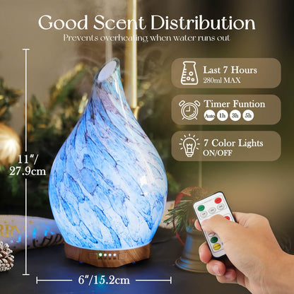 Porseme 280ml Glass Essential Oil Diffuser with Remote - Color Changing LED, 7 Hours, Waterless Auto-Off (Light Blue)