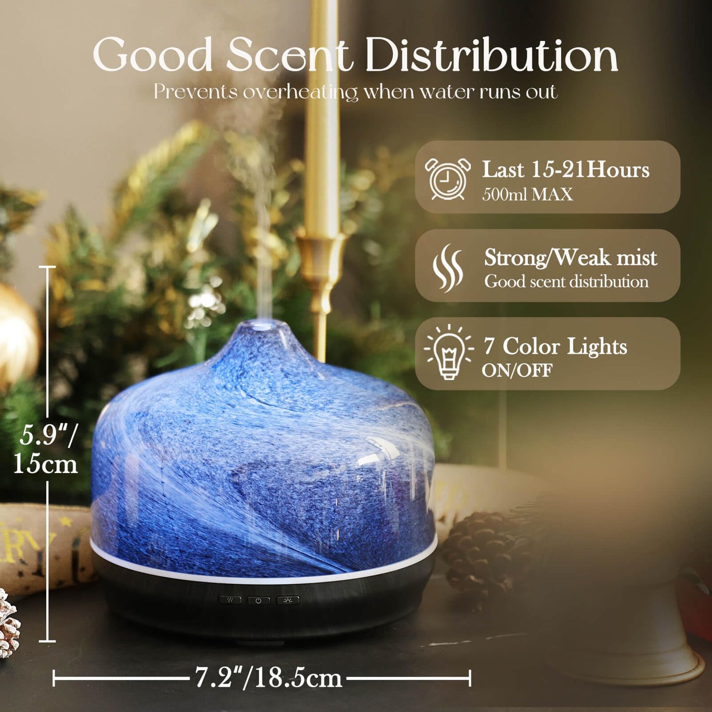 Porseme 500ml Glass Essential Oil Diffuser – Ultrasonic Cool Mist, Obsidian