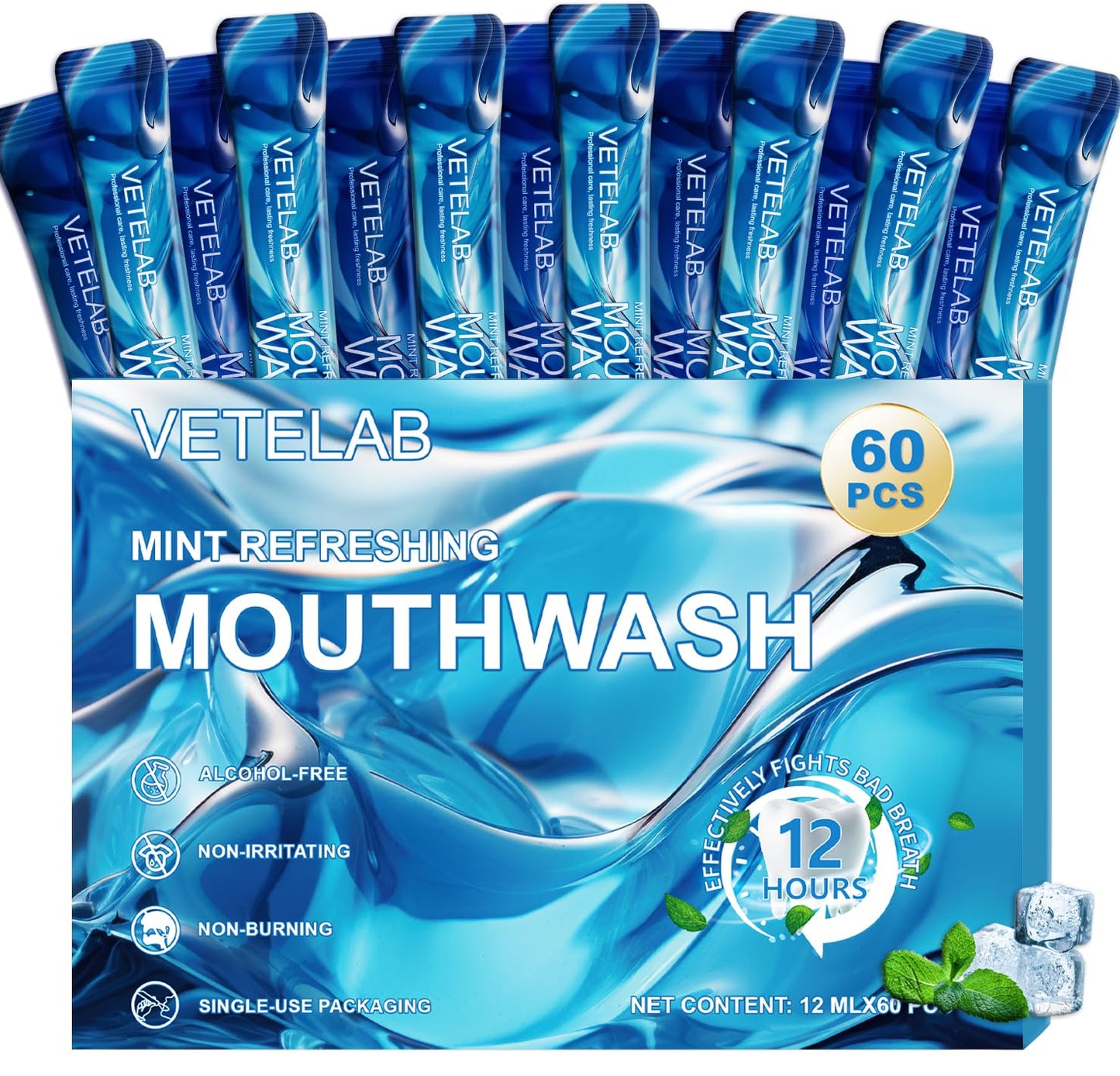 Portable Travel Mouthwash Packets – TSA-Approved 0.4oz, Alcohol-Free, Fluoride-Free, 60 Count