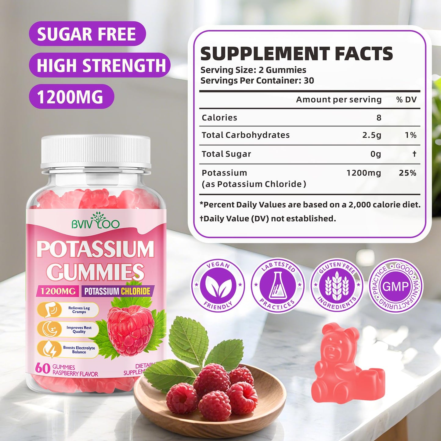 Potassium Chloride Gummies 1200mg - Muscle Health & Leg Cramps Support (60 Count) Raspberry