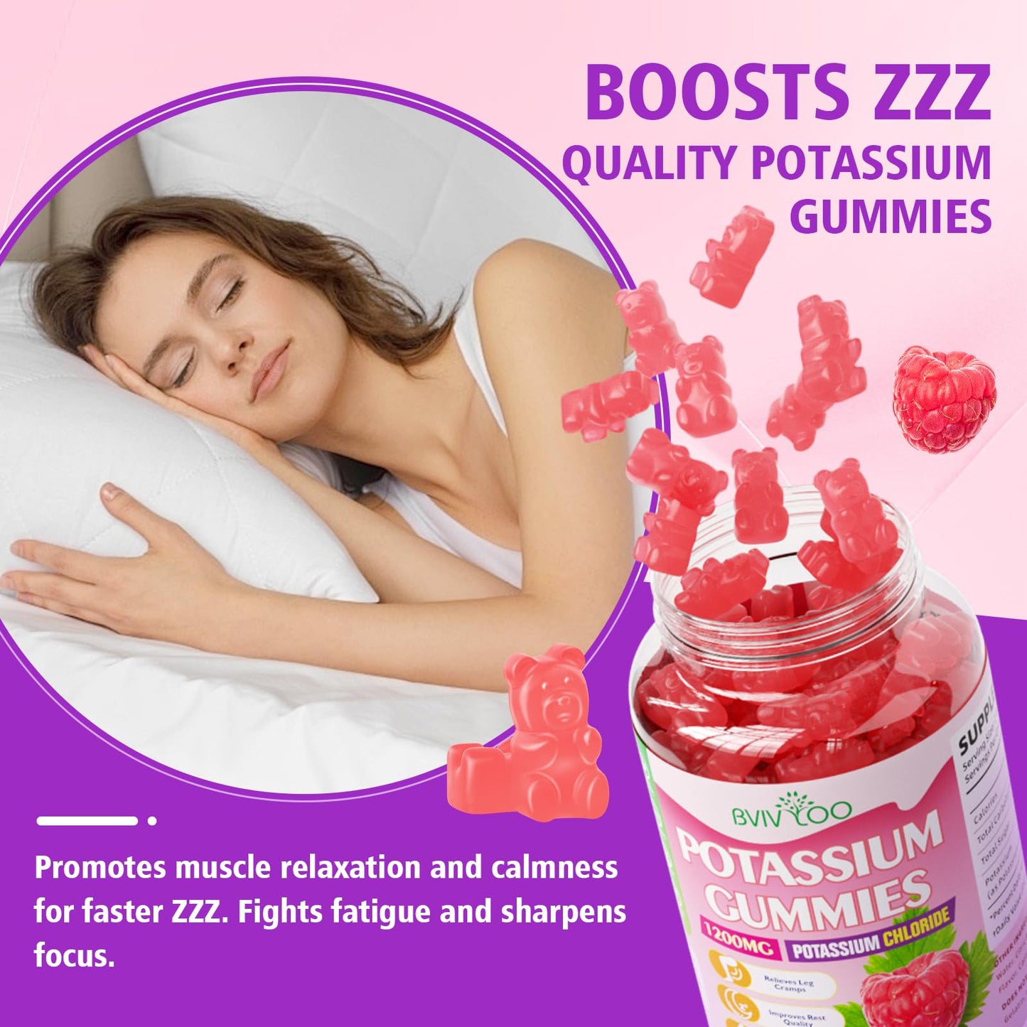 Potassium Chloride Gummies 1200mg - Muscle Health & Leg Cramps Support (60 Count) Raspberry