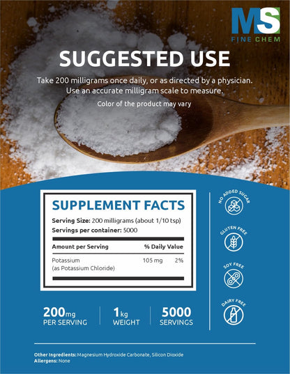 Potassium Chloride Powder 1 KG | Salt Substitute & Hydration Electrolyte Supplement