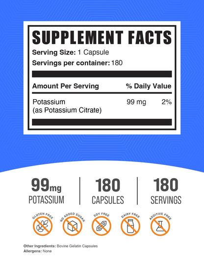 Potassium Citrate Capsules 99mg - 180 Count | BulkSupplements.com