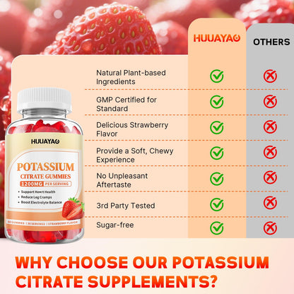 Potassium Citrate Gummies 1200mg – Sugar Free Strawberry, 60 Count | Leg Cramps & Muscle Health