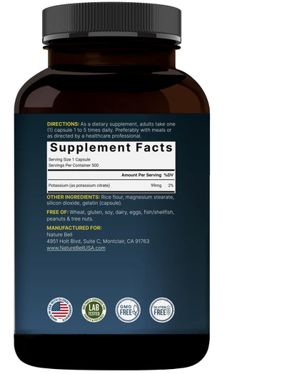 Potassium Citrate 99mg – 500 Caps | Chelated, Non-GMO