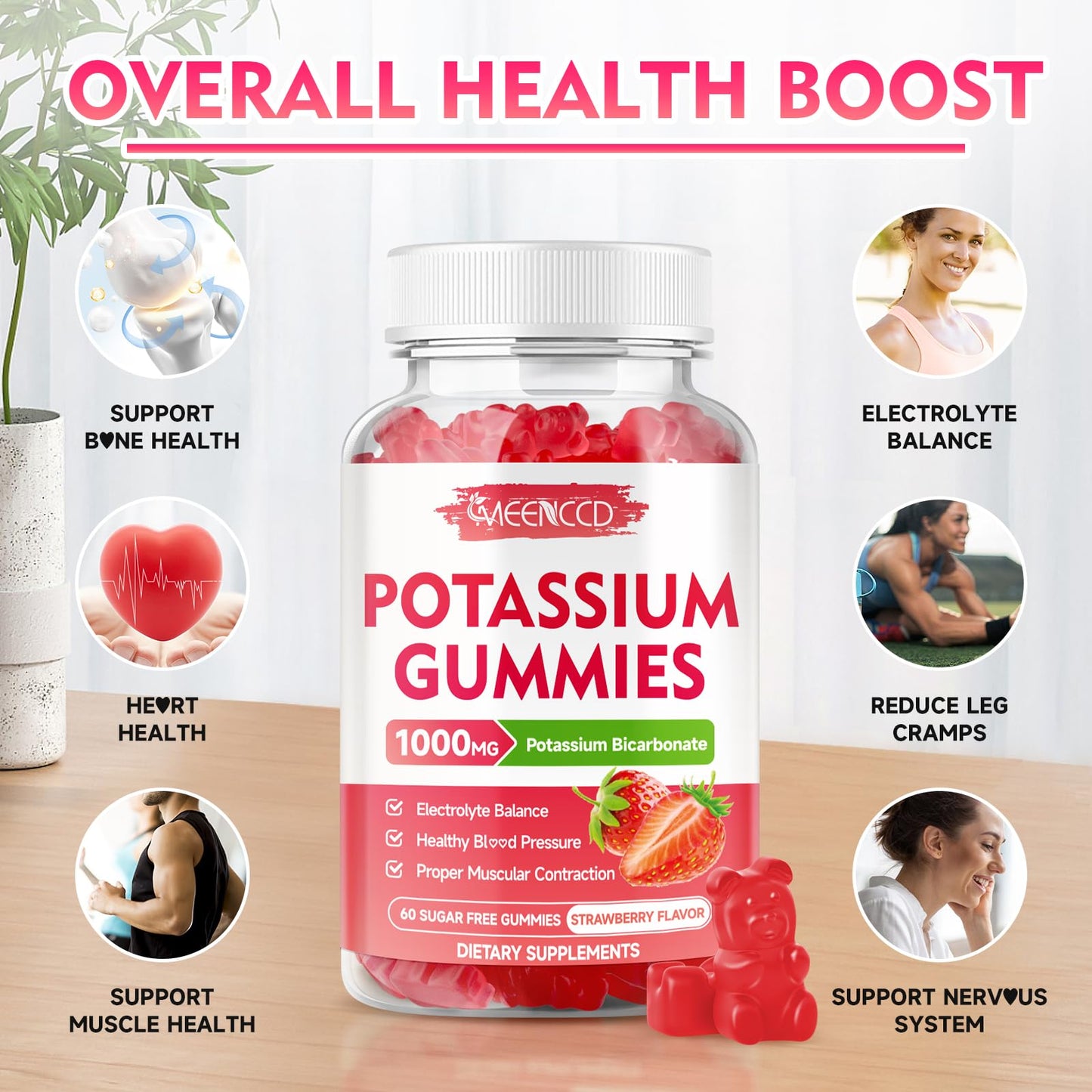 Potassium Gummies 1000mg – Strawberry (Sugar-Free) 60 Count