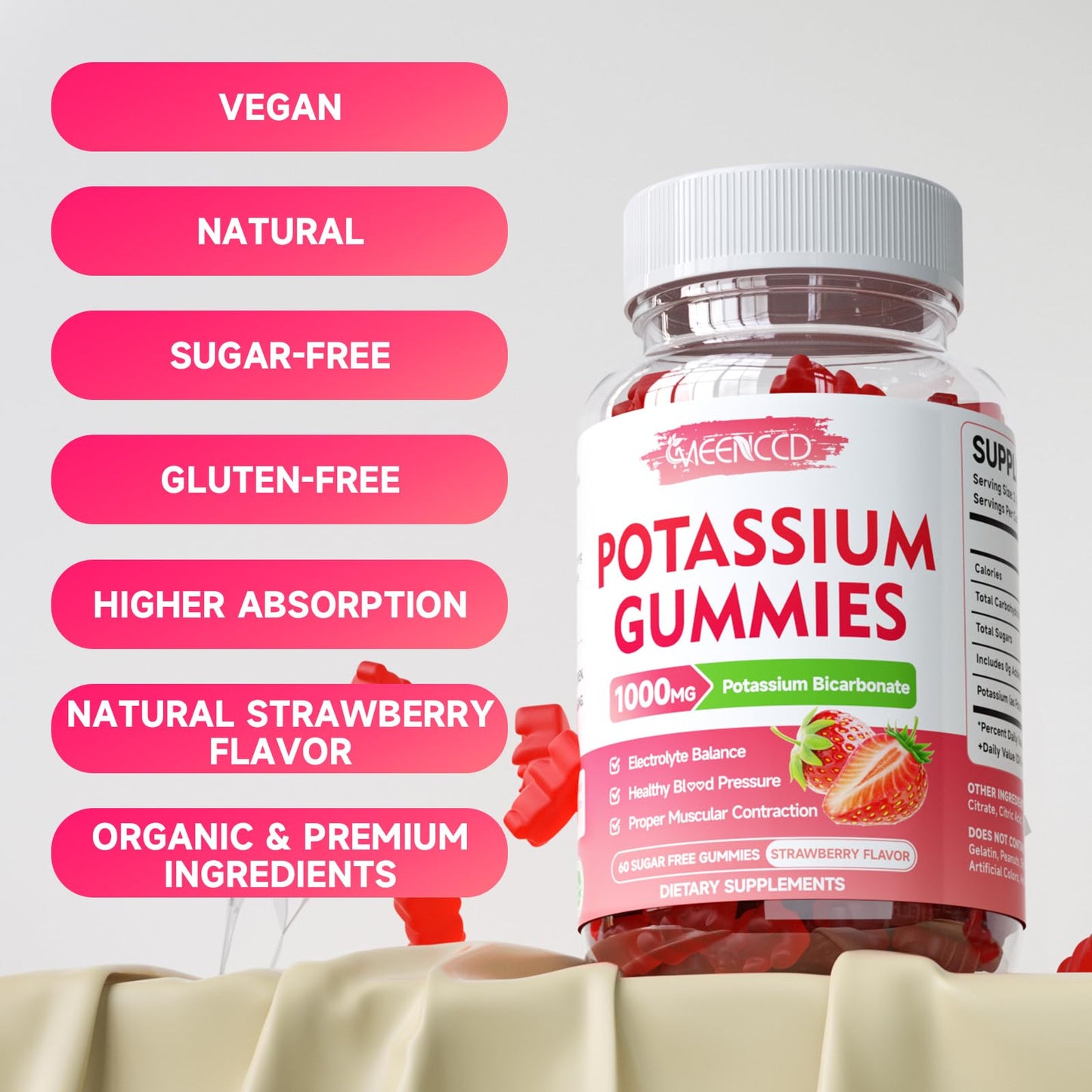 Potassium Gummies 1000mg – Strawberry (Sugar-Free) 60 Count