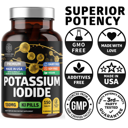 Potassium Iodide Tablets 130 mg | Natural KI Pills for Immunity - 150 Count