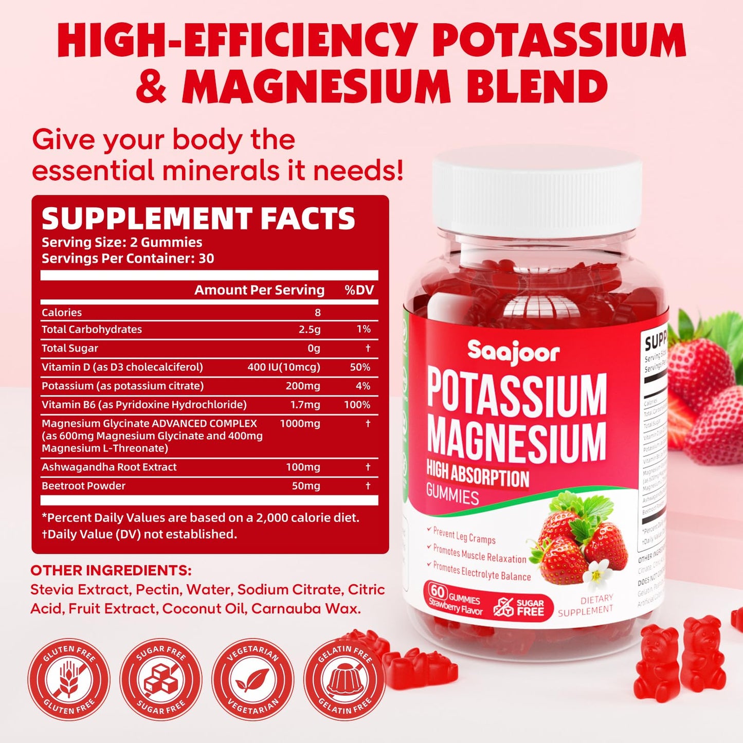 Potassium Magnesium Gummies with High Absorption Magnesium Glycinate, D3 & B6 – Strawberry Flavor (60 Count)